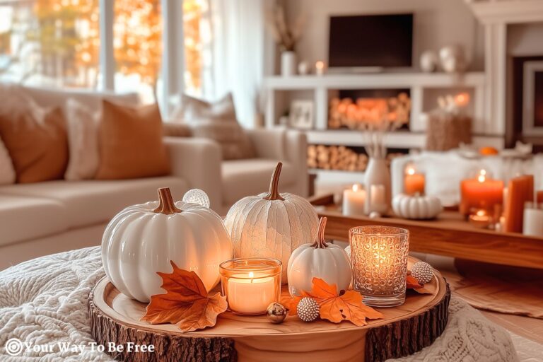 A simple yet elegant display of white and orange handblown small crystals pumpkins on an wooden tray, surrounded by candles, tea lights, autumn leaves, eucalyptus, wooden slices, a chail latter cup and small fall decorative items. fall rituals