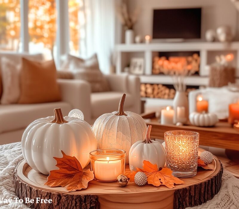 A simple yet elegant display of white and orange handblown small crystals pumpkins on an wooden tray, surrounded by candles, tea lights, autumn leaves, eucalyptus, wooden slices, a chail latter cup and small fall decorative items. fall rituals