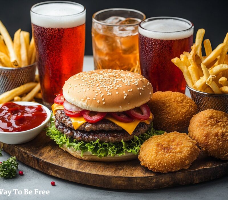 Harmful, not healthy fast food in the form of hamburgers, fries, carbonated drinks, chicken nuggets. fatty, unhealthy foods, fast carbohydrates, alcohol. they harm gut health