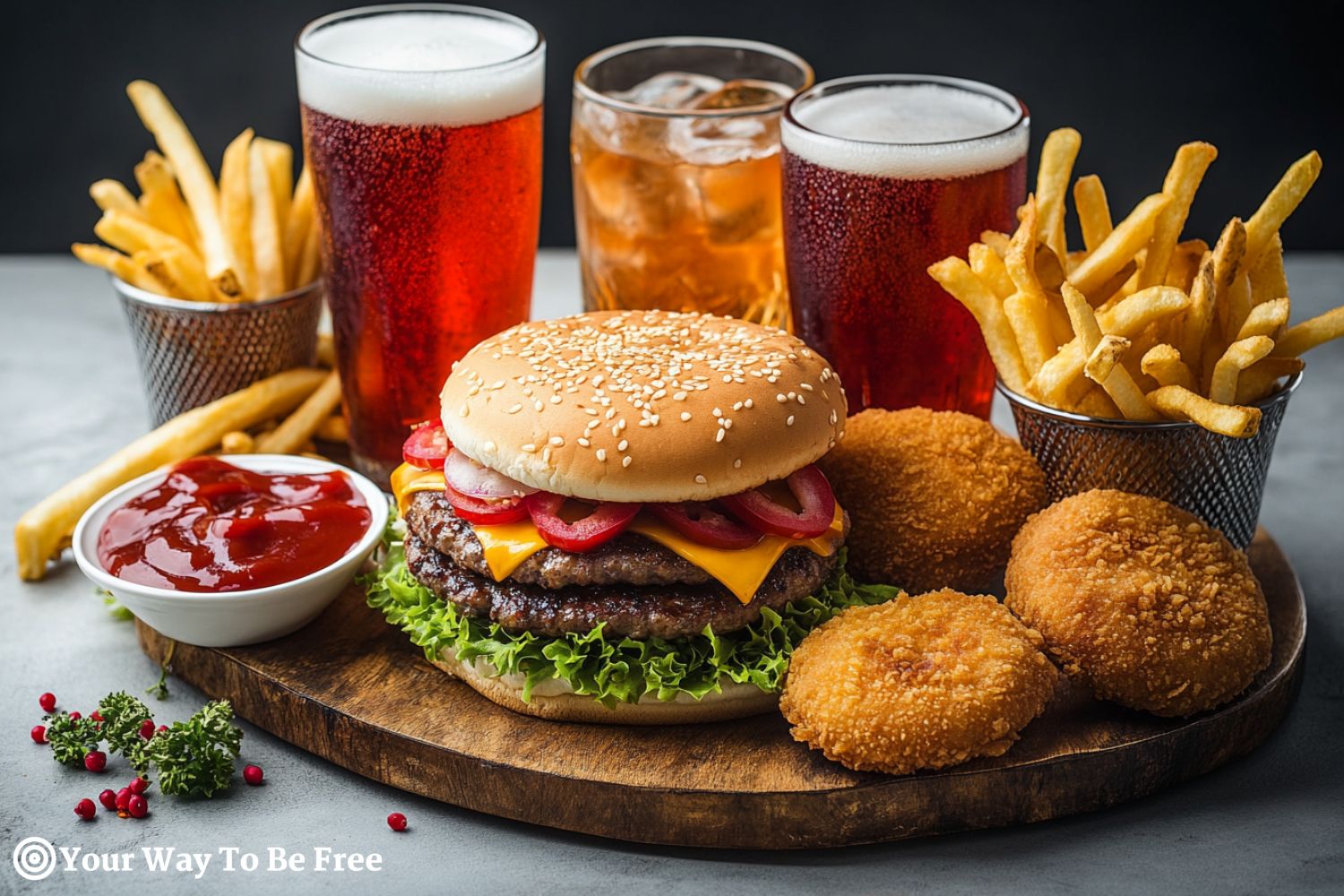 Harmful, not healthy fast food in the form of hamburgers, fries, carbonated drinks, chicken nuggets. fatty, unhealthy foods, fast carbohydrates, alcohol. they harm gut health