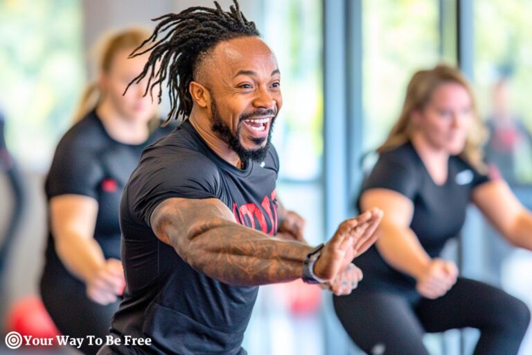 A fit trainer leads three members in a workout. every one have fun and smile. exercise boost brain health