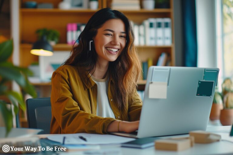 Happy young woman working remotely on virtual video team meeting call, remote work and flexible culture concept, smiling asian female digital nomad freelancing on laptop from home, copy space. she is very focused and has great concentration