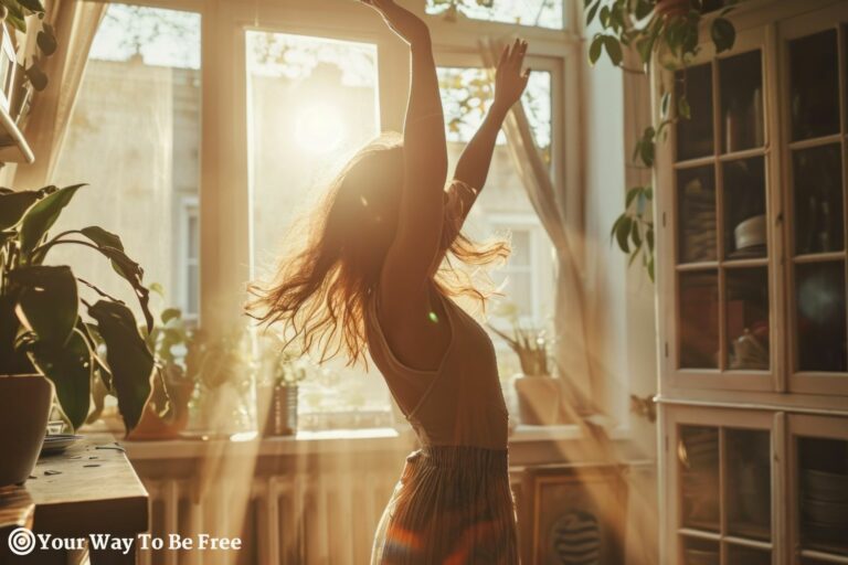 Hobby-Based Movement for Physical activity and Mental Health. Dance for mental health benefits, outlet for emotions. Young woman joyfully dancing alone at home.