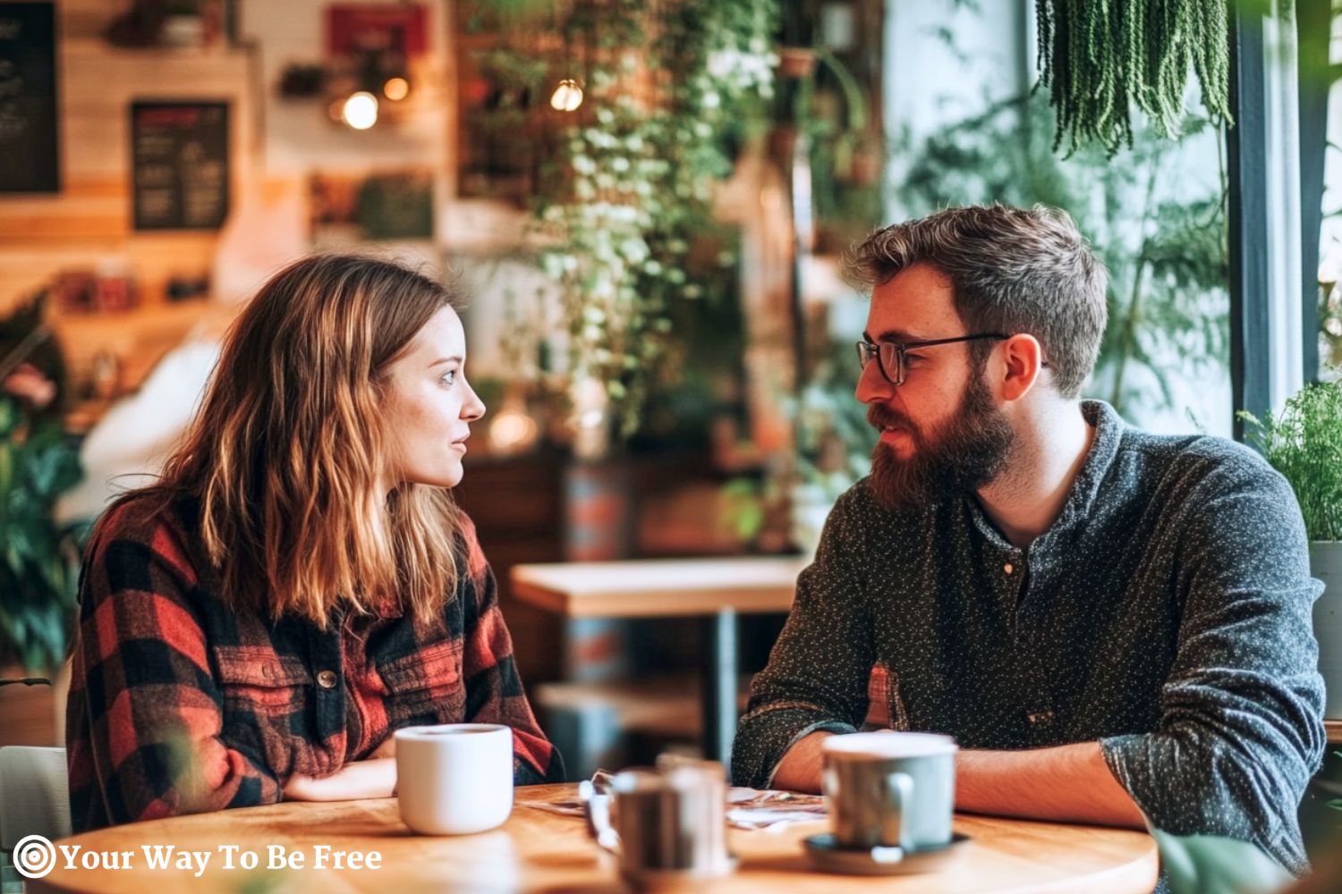 two friends talking in a cafe, they are listening to each other to be a better listener