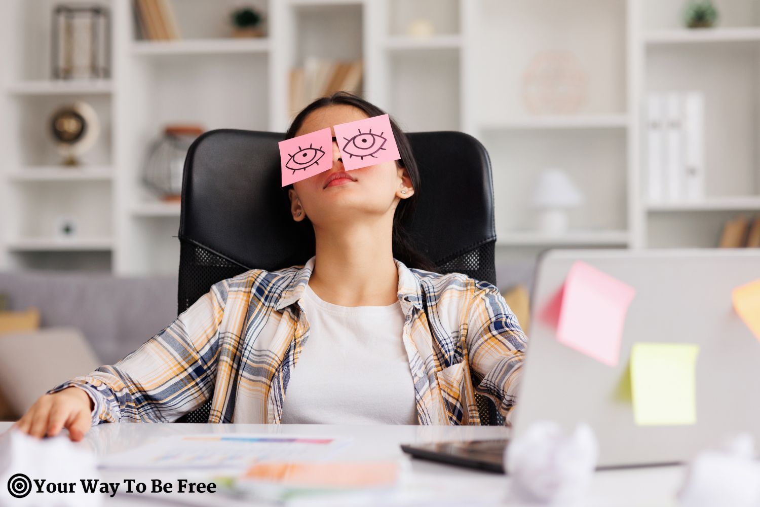 The concept of a lot of work. Tired woman sleeping with stickers on her eyes while sitting at the table. habits to feel better