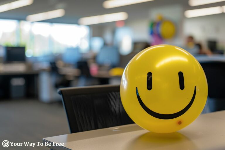 Smiley face balloon in an office setting, Mental Health in the Workplace