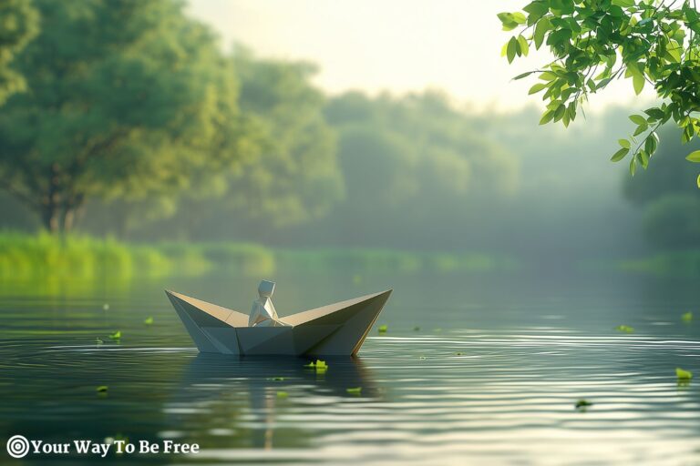 A paper boat floating on water with a person sitting inside it, surrounded by simple surrounding, that represent concept of simplicity.