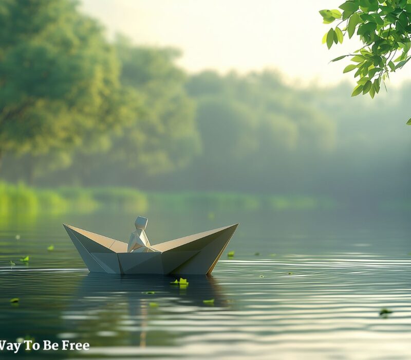 A paper boat floating on water with a person sitting inside it, surrounded by simple surrounding, that represent concept of simplicity.