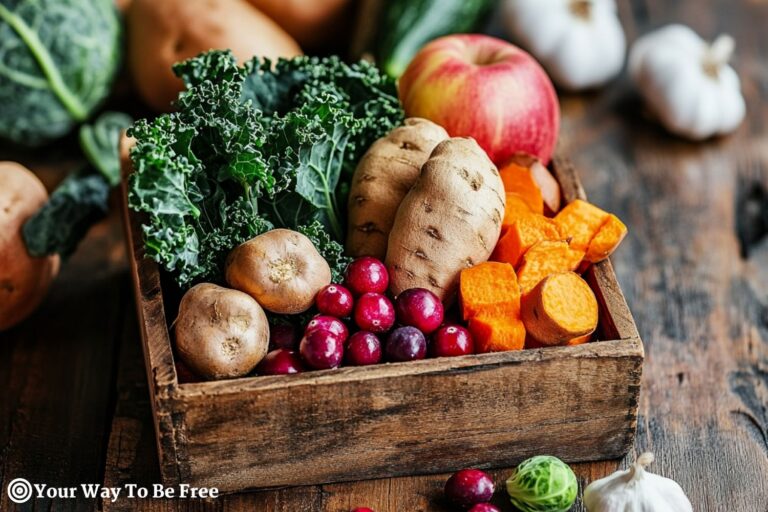 a wooden basket filled with fresh fall foods to boost immunity.