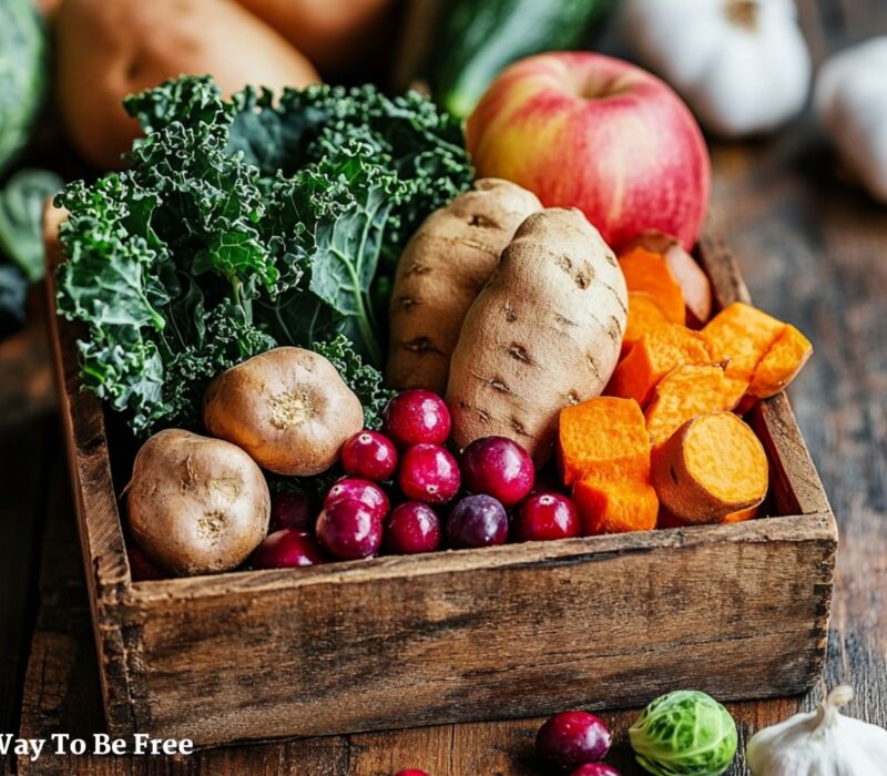 a wooden basket filled with fresh fall foods to boost immunity.