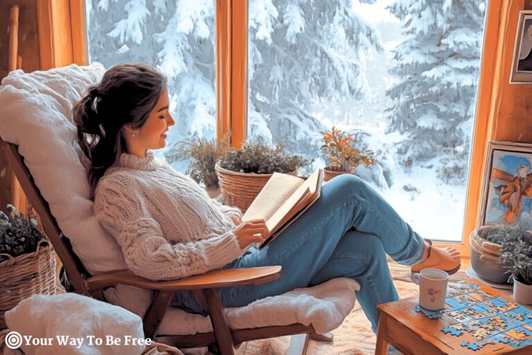 A cozy indoor scene featuring a warm and inviting home space. A happy person is sitting reading a book. Indoor winter hobbies