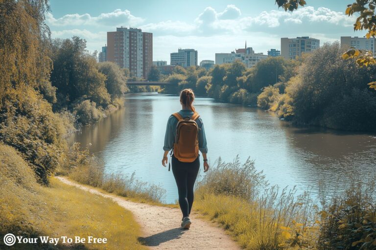 a woman walking on a trail close to a river near a city centre. benefits of long walk