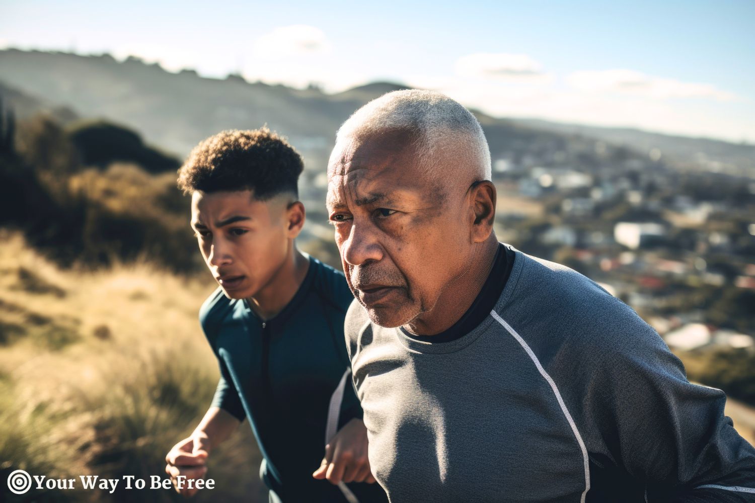 A grandchild boy and his grandfather engaging in a fitness activity, jogging outdoors. Spending time together. Commitment to health and well-being. Fitness journey