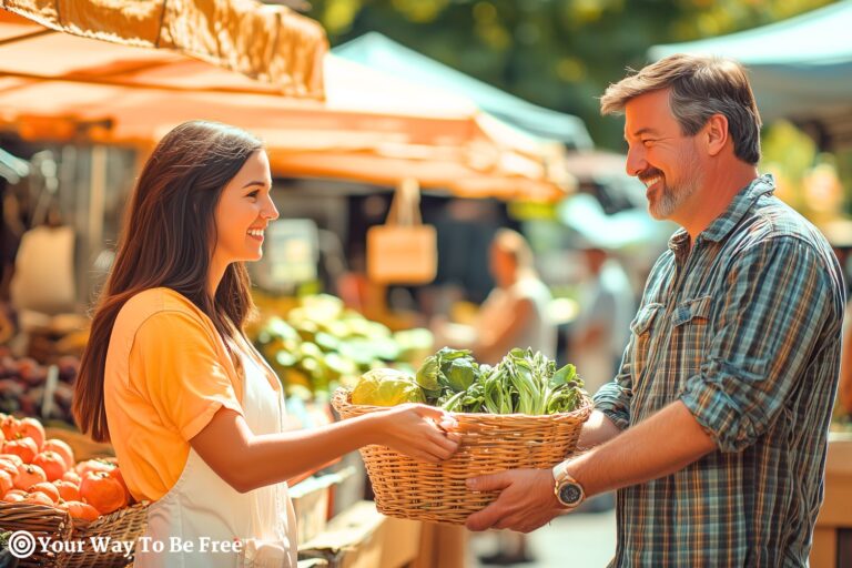 a man and a woman at a farmer market buying seasonal produce, eating seasonally.