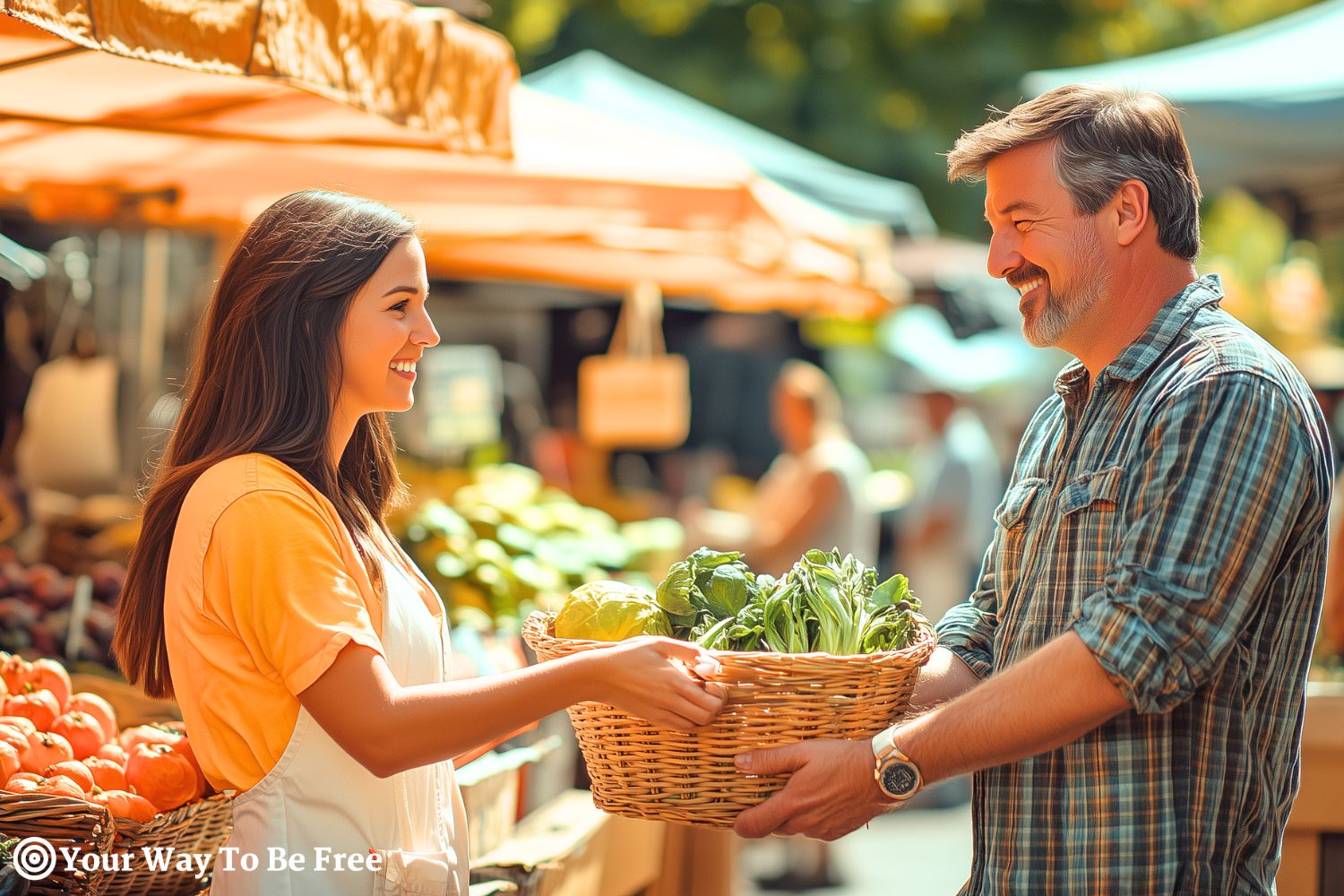 a man and a woman at a farmer market buying seasonal produce, eating seasonally.