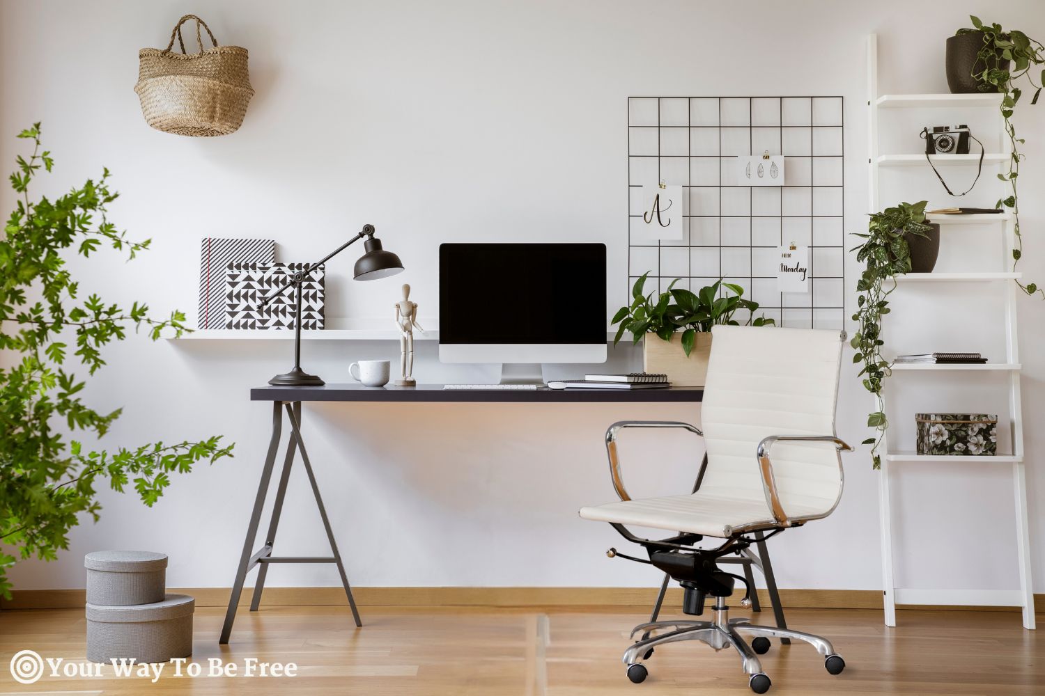 Comfortable workplace with computer near wooden wall in stylish room interior. ergonomic Home office design